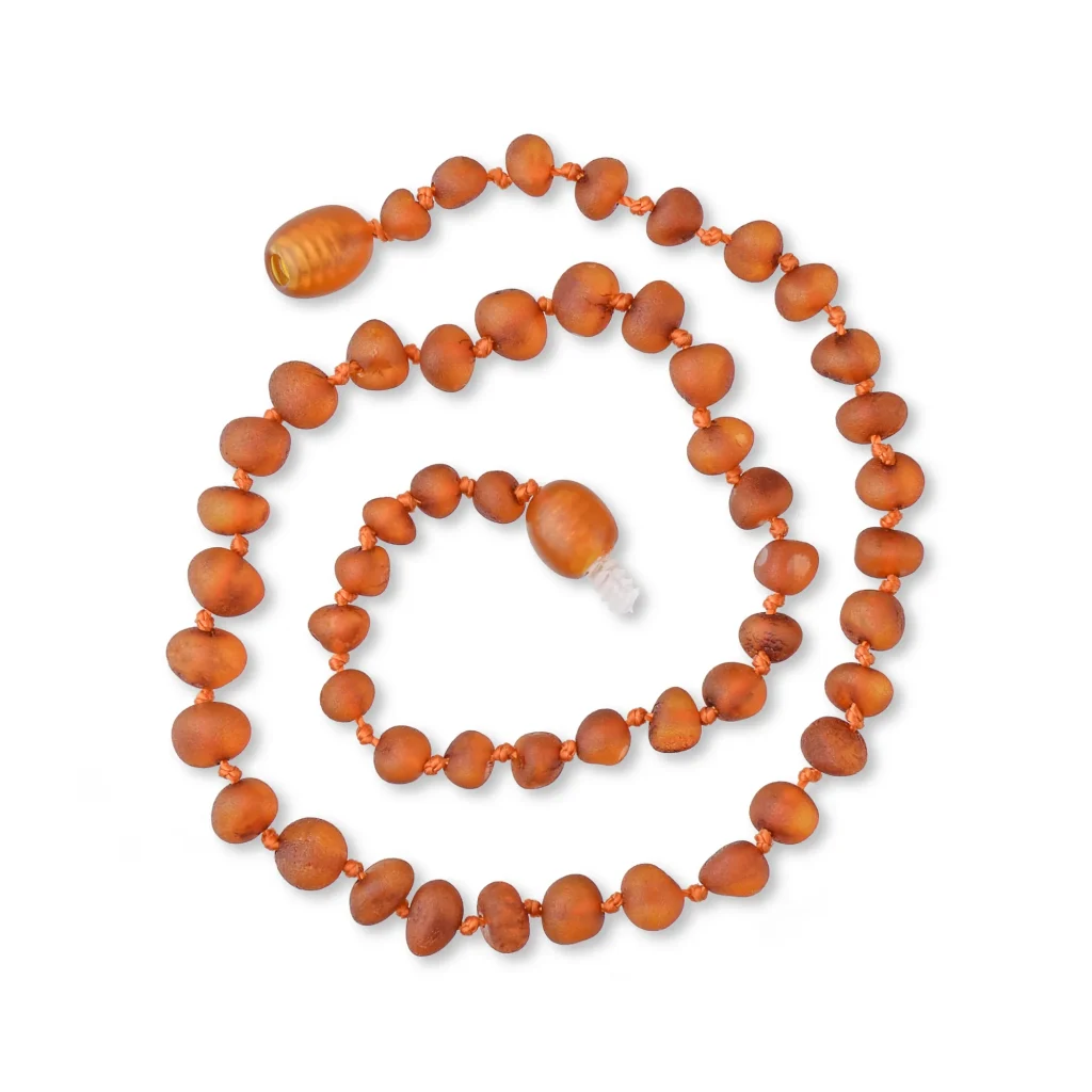 Unpolished teething amber necklace cognac color