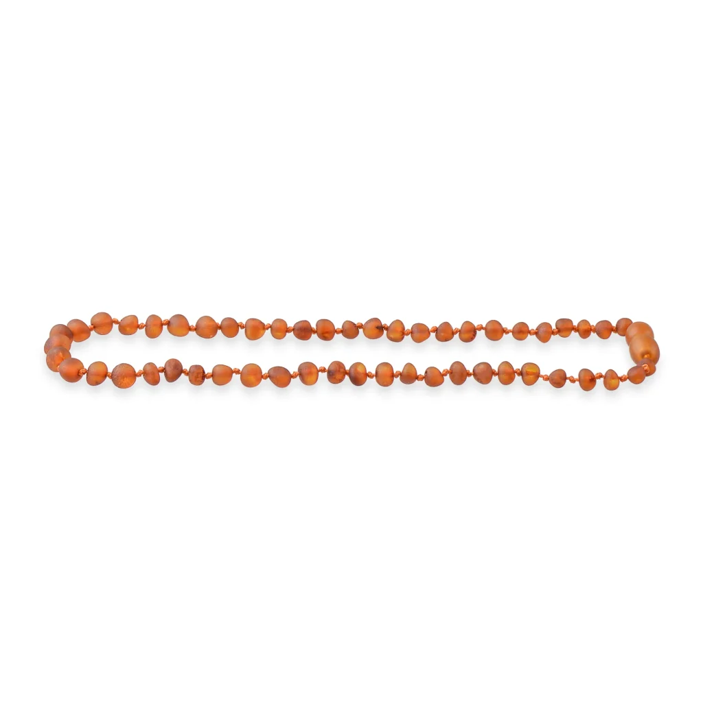Handmade Baltic amber necklace with multicolored, polished beads in warm, golden-orange tones.
