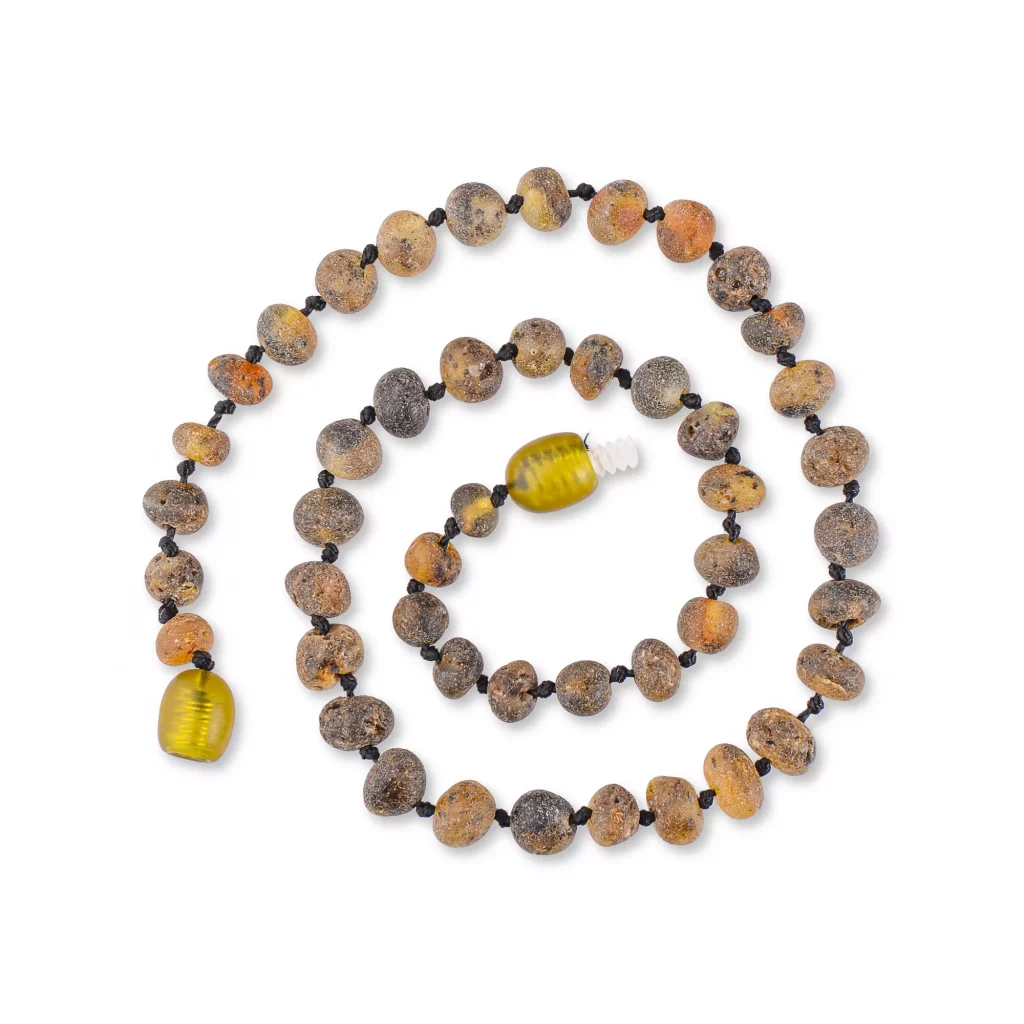 Unpolished teething amber necklace dark green color