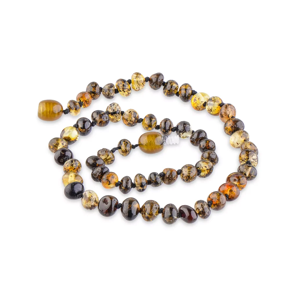 Polished teething amber necklace dark green color