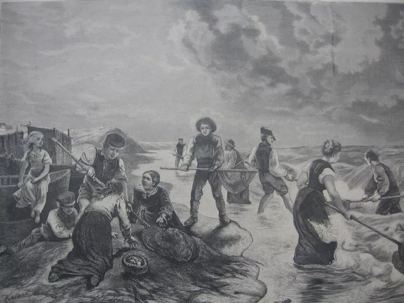 Amber hunters on shore of the Baltic sea