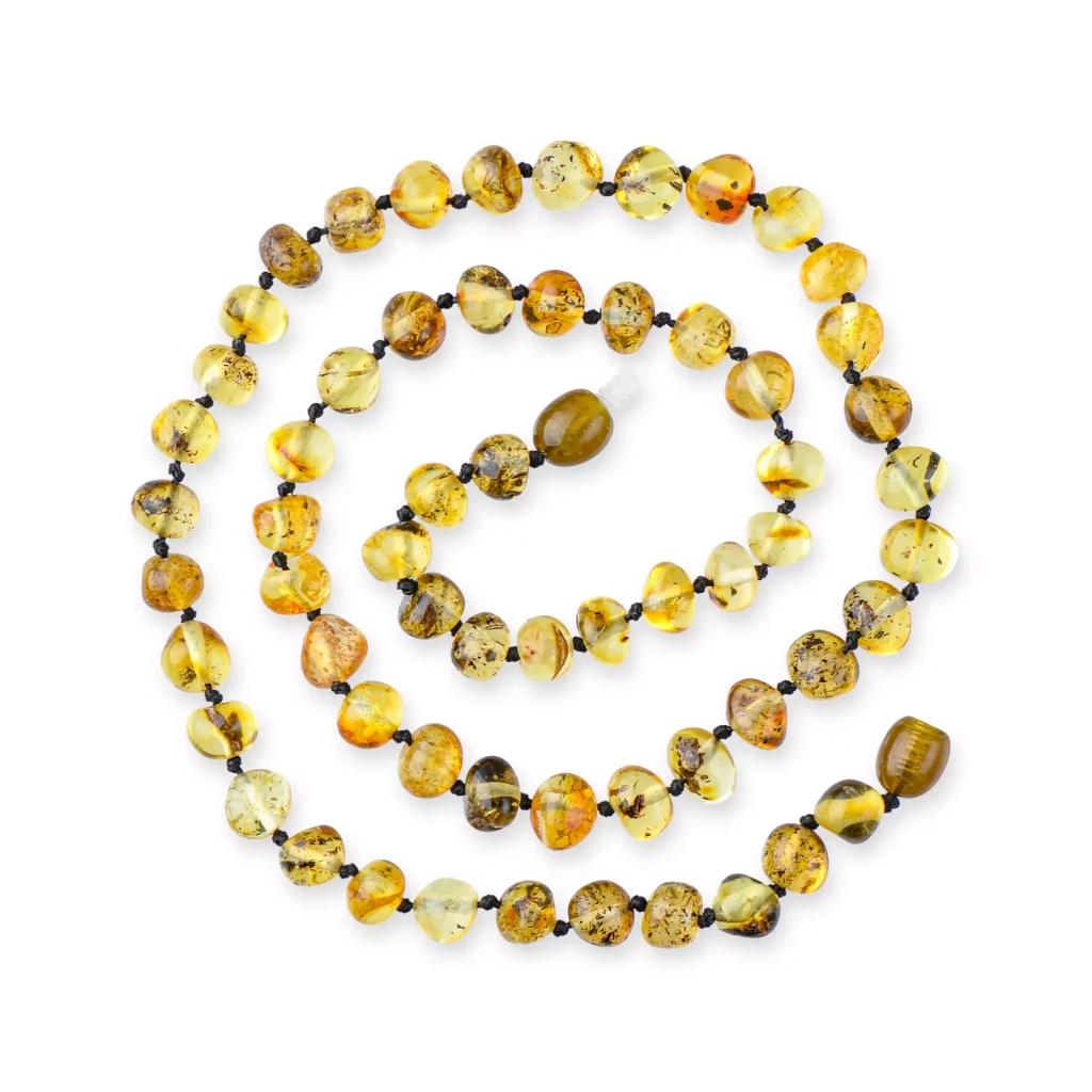 Handmade Baltic amber necklace with warm golden, honey, and lemon tones, featuring natural inclusions.