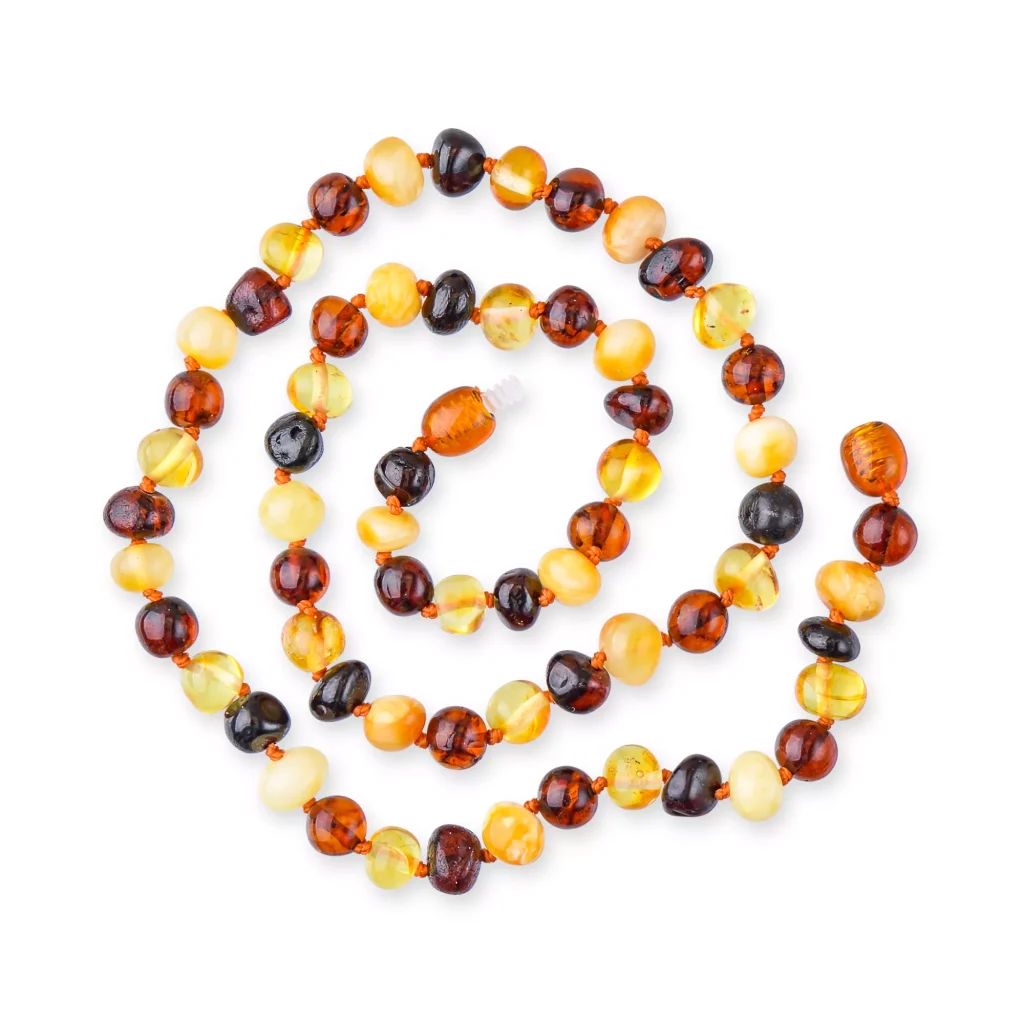 Handmade Baltic amber necklace with multicolored, polished beads showcasing natural warmth and elegance.
