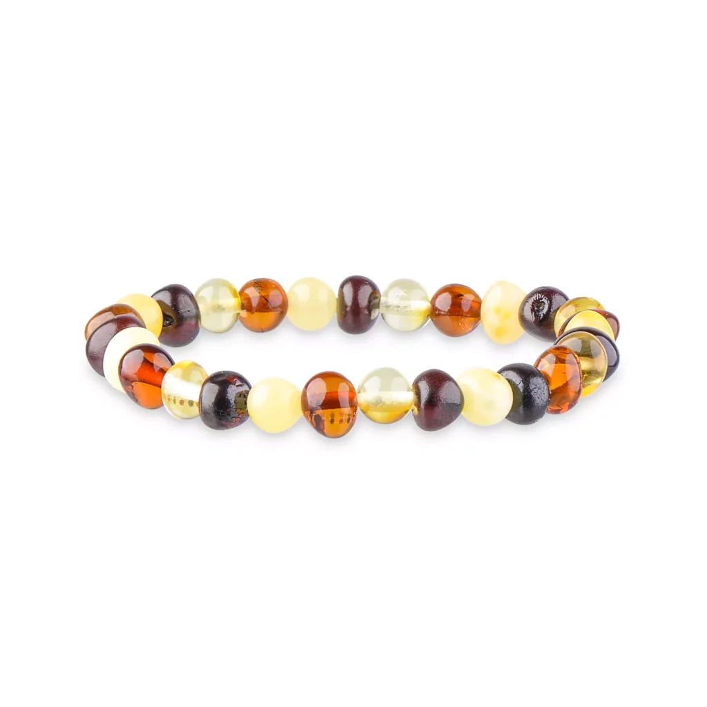 Vibrant amber beaded bracelet with natural hues, polished stones, and elastic stretch for everyday style.