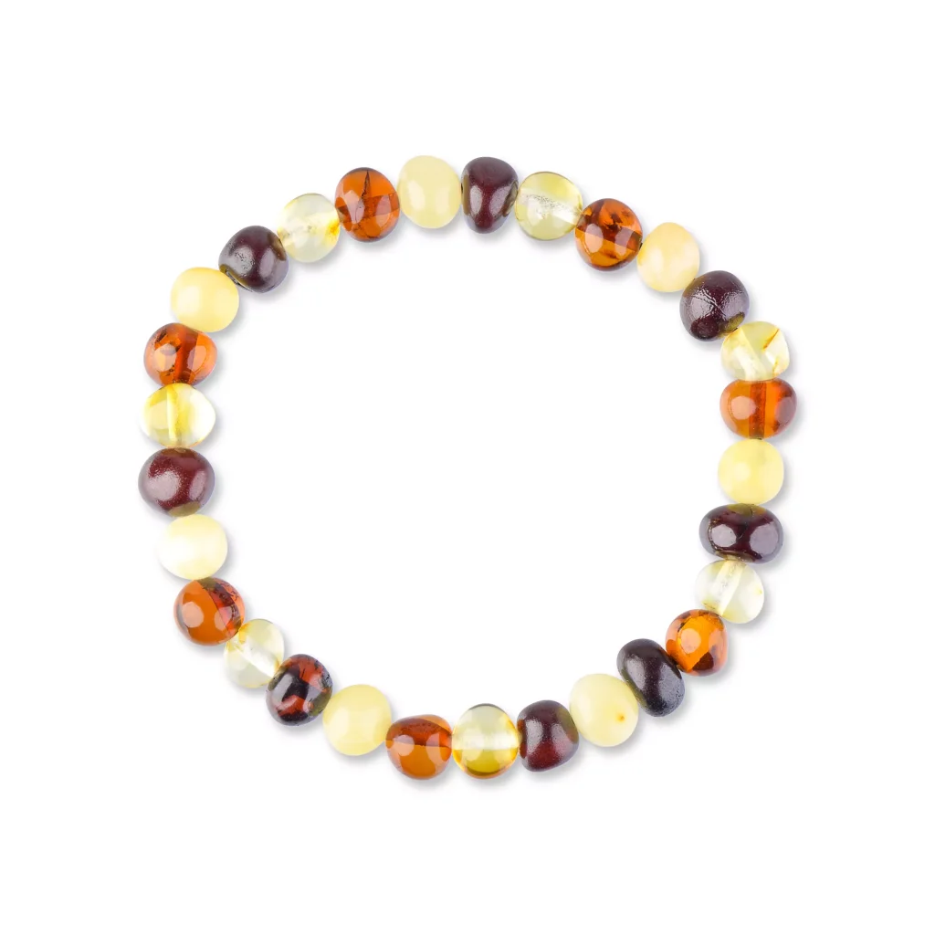 Handmade Baltic amber beaded bracelet with polished, warm natural amber on elastic thread.