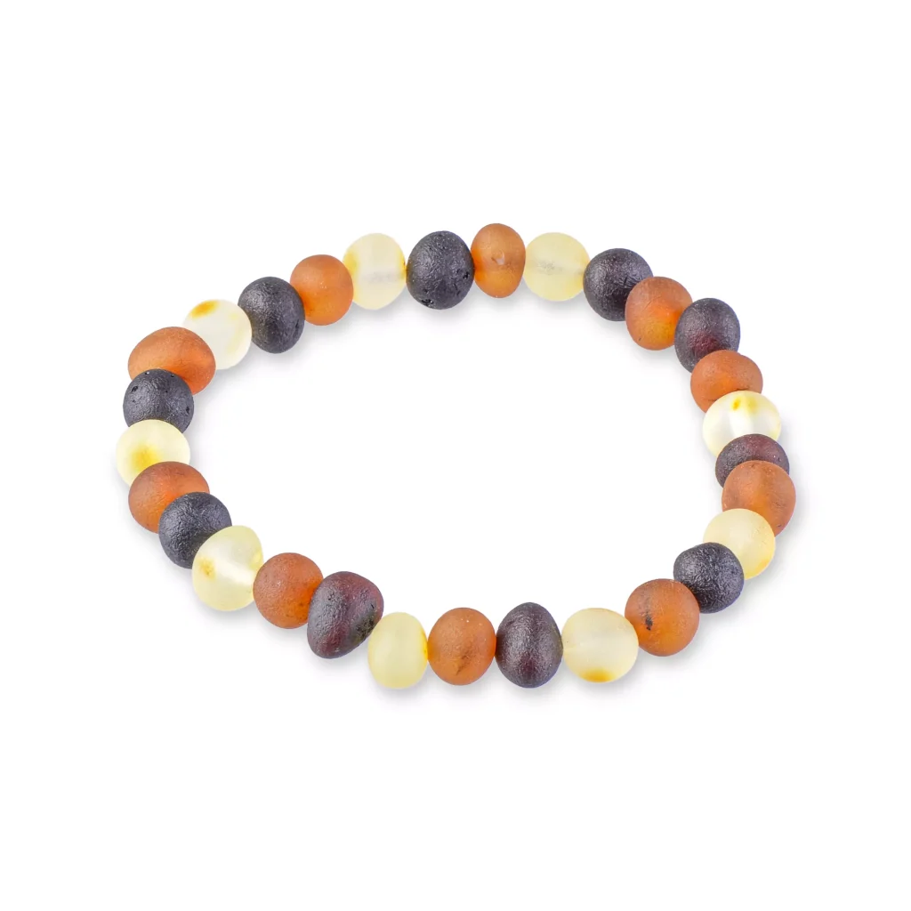 Colorful Baltic amber beaded bracelet with organic shapes on elastic for versatile, natural style.