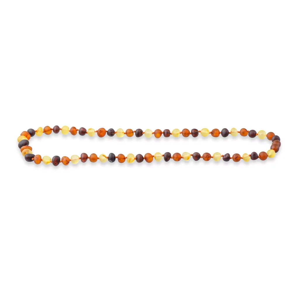 Warm Baltic amber necklace with handcrafted multicolor beads and timeless, elegant design.