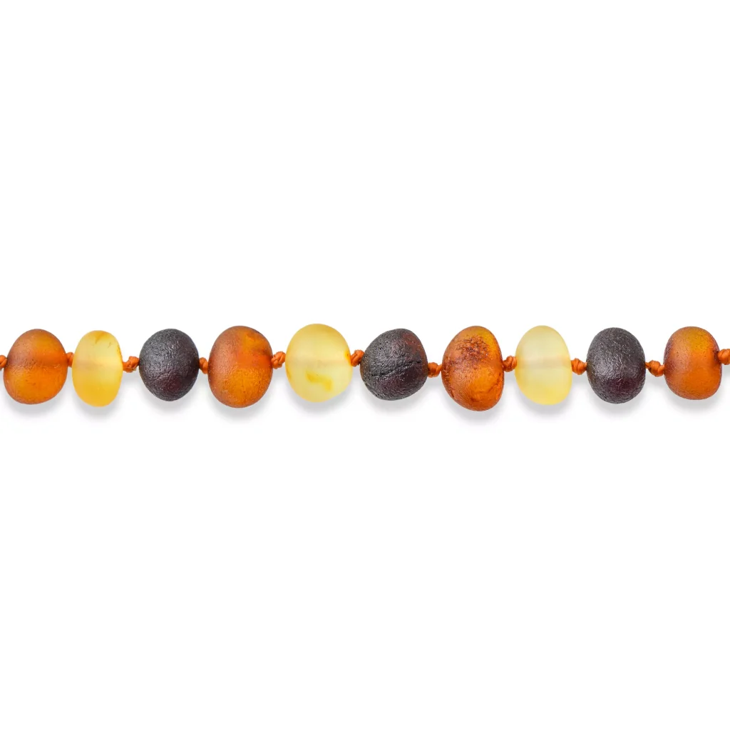 Handmade Baltic amber necklace with multicolored, polished beads in natural earthy tones.