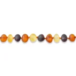 Handmade Baltic amber necklace with multicolored, polished beads in natural earthy tones.