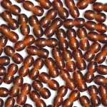 Close-up of glossy, reddish-brown oval amber beads for jewelry or decoration.