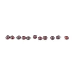 Row of polished purple and maroon gemstone beads with central holes for jewelry-making.