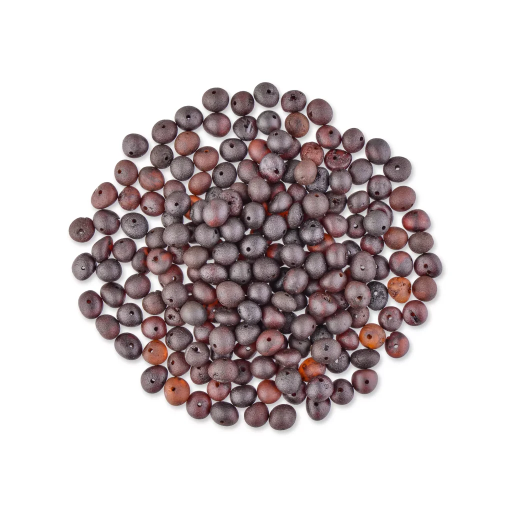 Eco-friendly handmade amber necklace with textured cherry-colored Baltic amber beads.