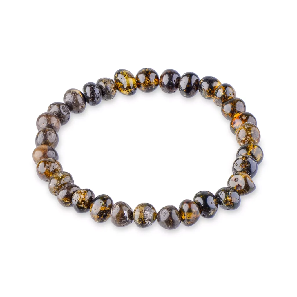 Handcrafted beaded bracelet with dark brown, black, amber, and gold hues on elastic stretch.
