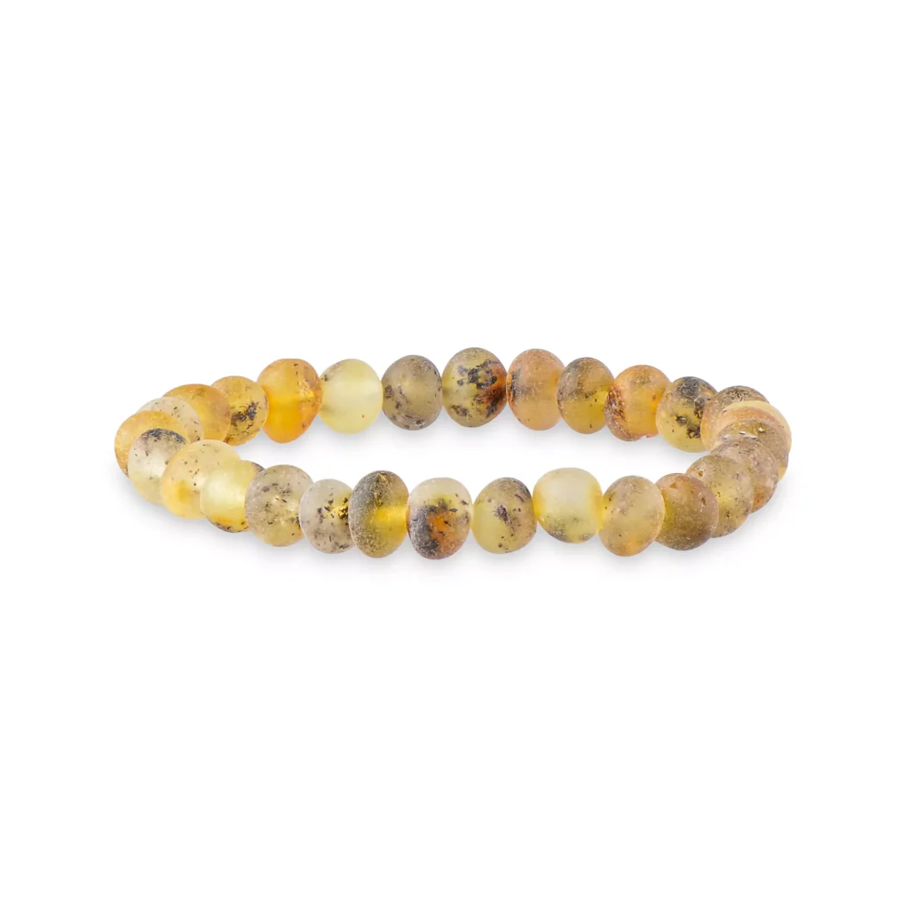 Handmade amber beaded bracelet with natural yellow, amber, and brown tones on elastic thread.
