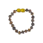 Handmade Baltic amber necklace with earthy tones and vibrant yellow accents.