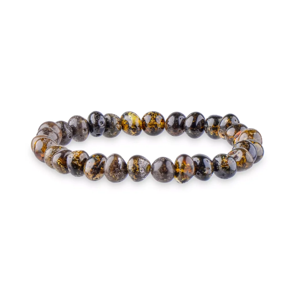 Natural amber bead bracelet with warm earthy tones and polished, organic craftsmanship.