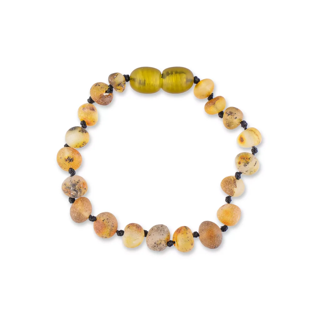 Colorful beaded bracelet with amber, semi-precious stones, black spacers, natural warm tones.