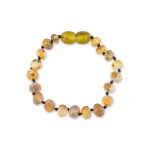 Colorful beaded bracelet with amber, semi-precious stones, black spacers, natural warm tones.