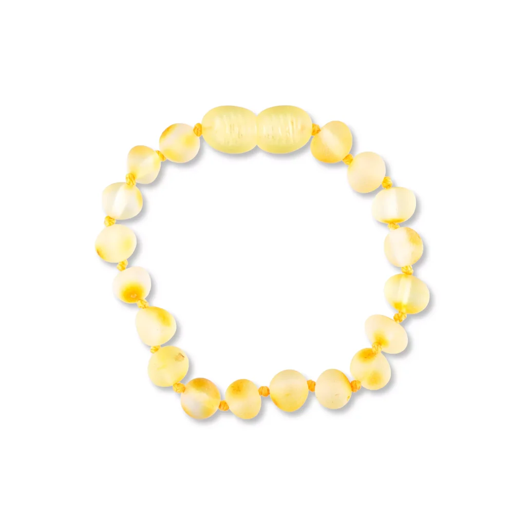 Yellow beaded bracelet with polished natural Baltic amber, perfect for kids’ casual or special wear.