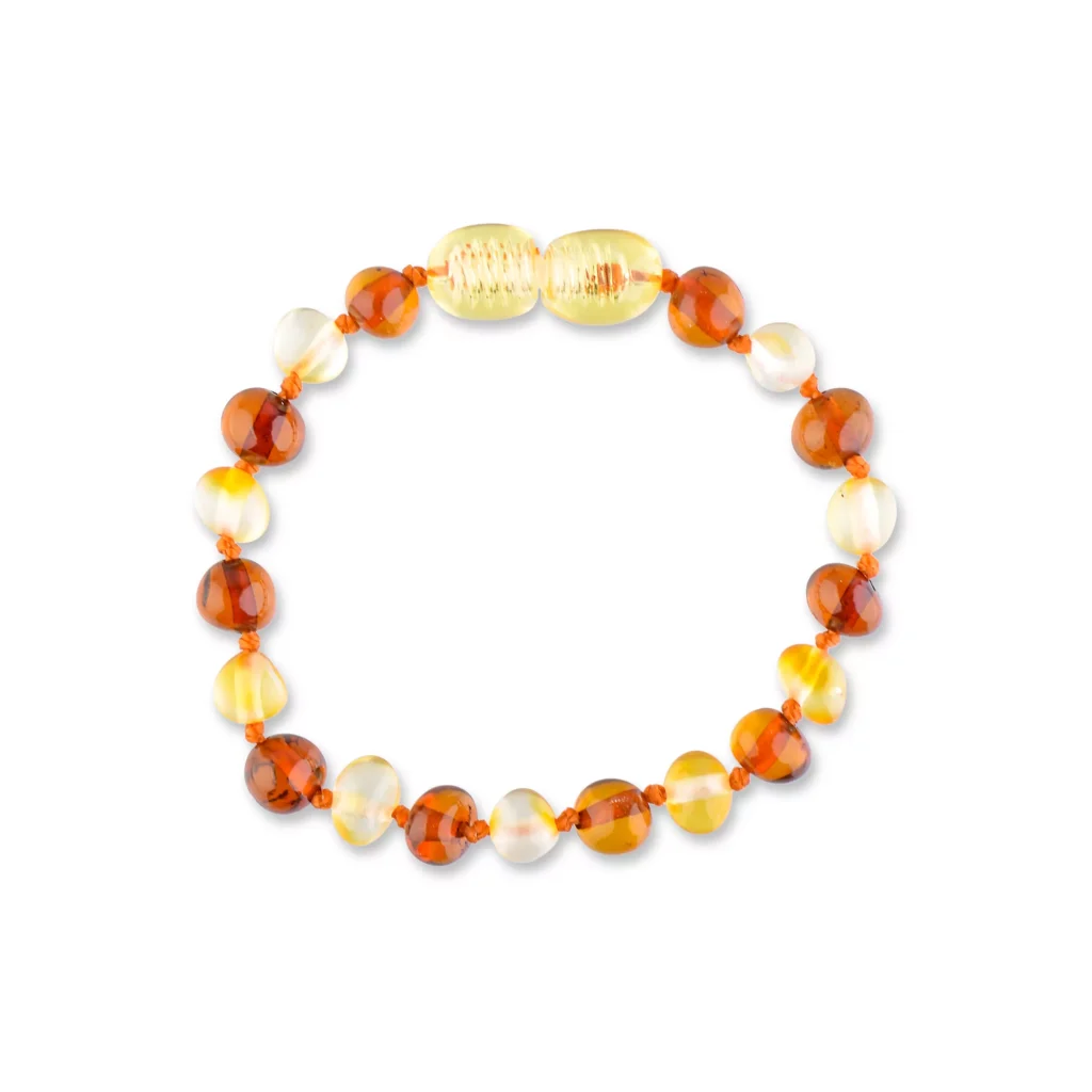 Elegant Baltic amber bracelet with colorful, polished beads showcasing natural warmth and craftsmanship.