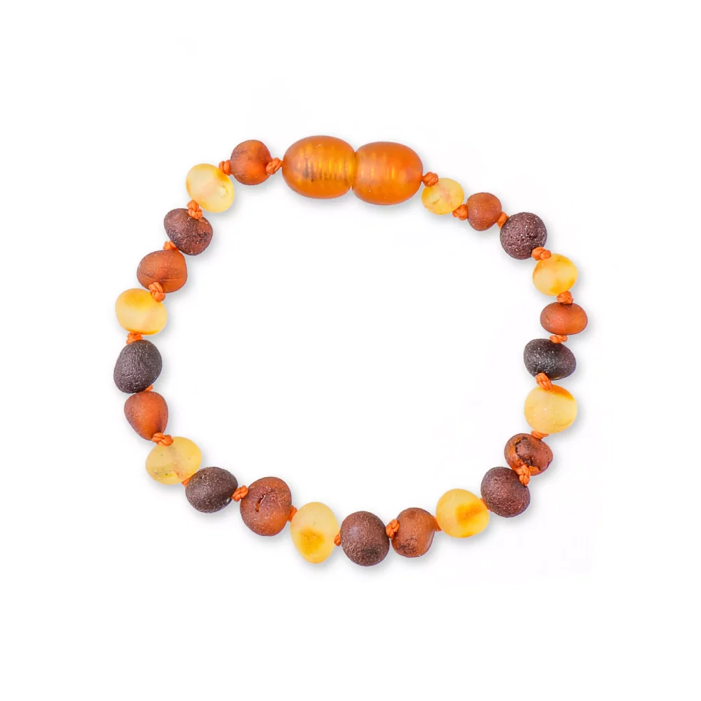 Elegant Baltic amber beaded bracelet with warm, multicolored natural stones and polished accents.