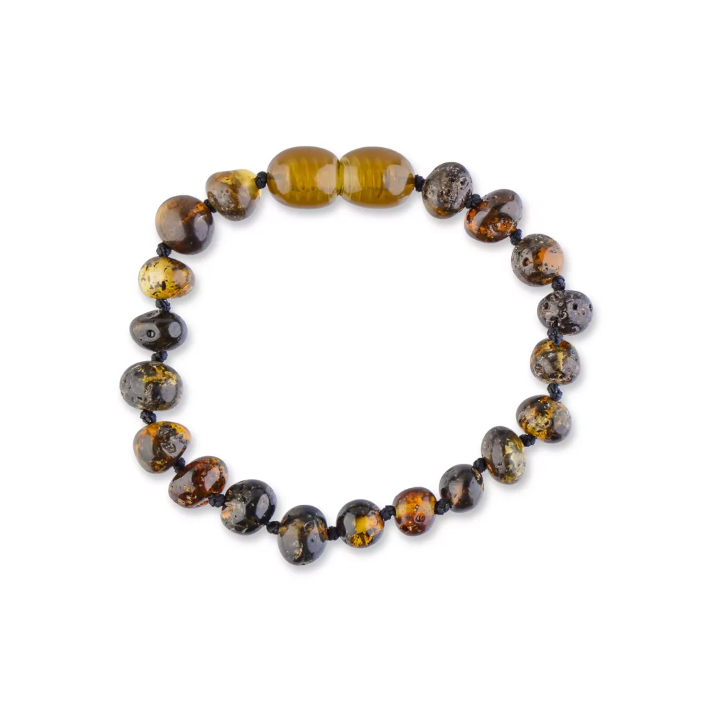 Handcrafted amber beaded bracelet with natural inclusions and warm golden hues.