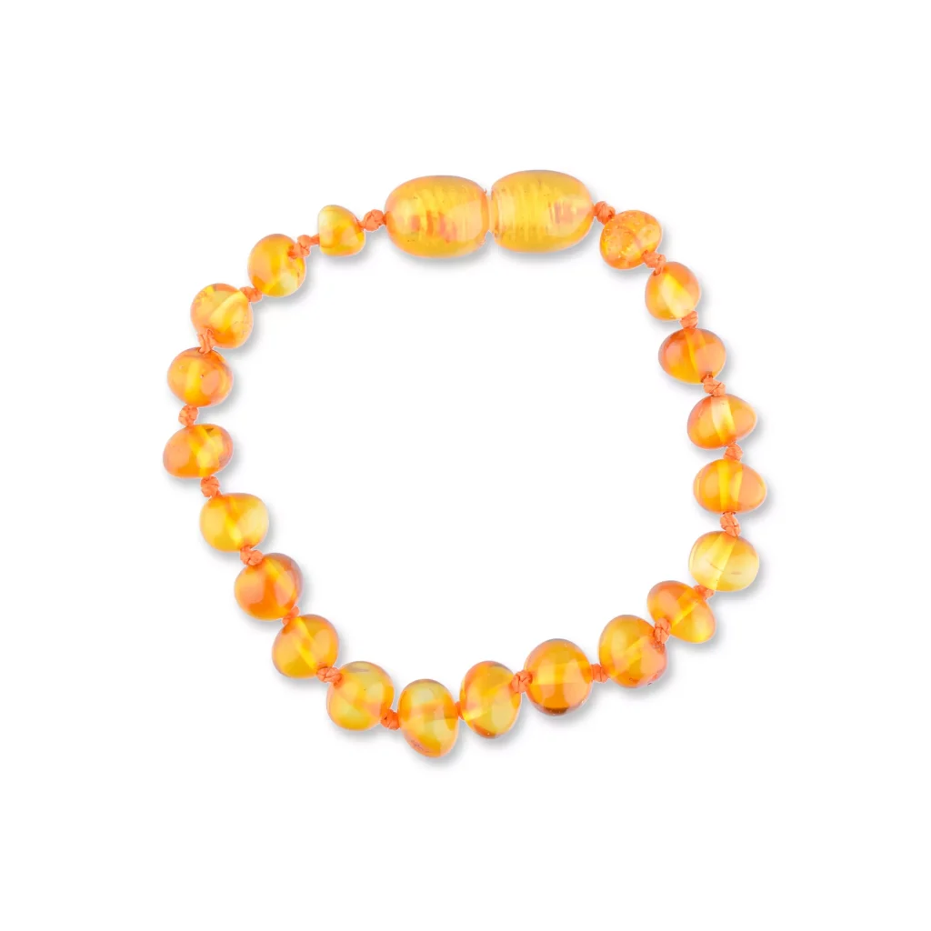 Colorful orange and yellow beaded bracelet with glossy, translucent resin for summer or casual wear.