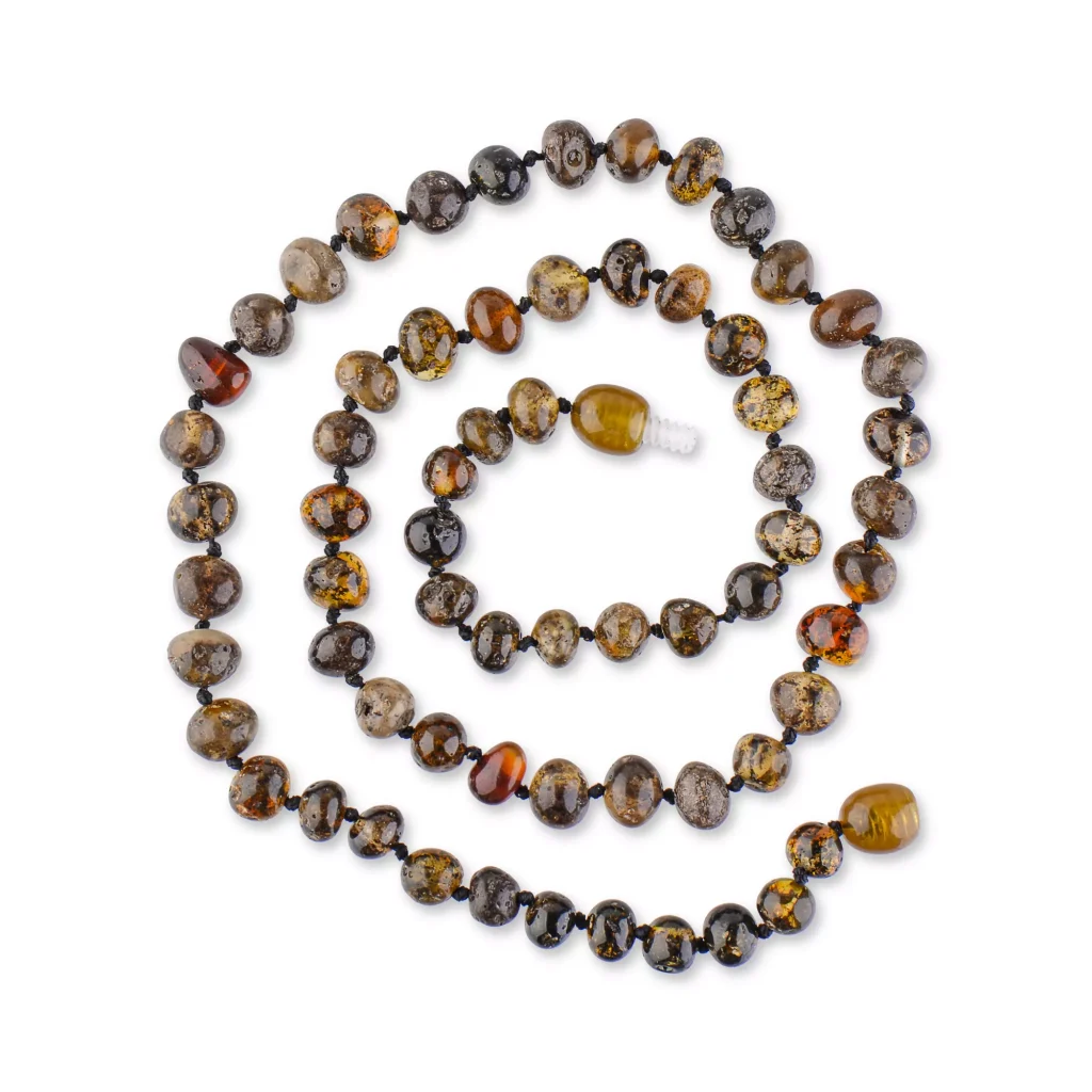 Elegant Baltic amber jewelry with multi-sized beaded strands and a matching bracelet.