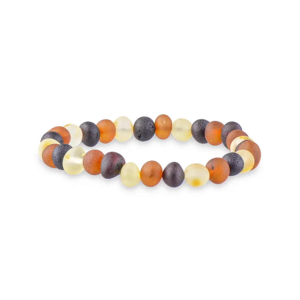 Handmade beaded bracelet with amber, gray, and earthy tones on stretchy elastic for versatile style.