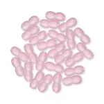 Collection of pink oval capsules, glossy, uniform, randomly scattered on plain background.