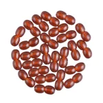 Collection of glossy reddish-brown oval Baltic amber beads arranged in a circular pattern.