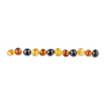 Row of glossy multicolor Baltic amber beads with natural warm tones and smooth oval shapes.