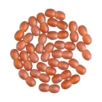 Circle of uniform amber capsules with glossy surface on a white background.