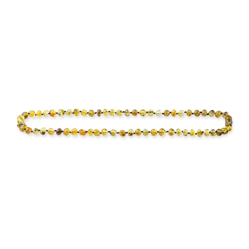 Handmade amber and glass bead necklace with warm yellow and brown tones, elegant and versatile accessory.