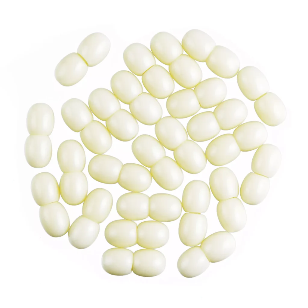 Glossy white oval beads, handcrafted Baltic amber necklace with polished, smooth, natural elegance.