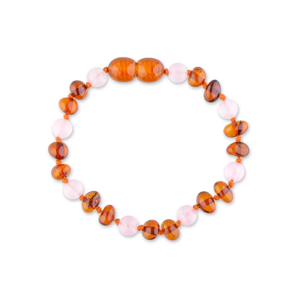 Polished teething amber bracelet cognac color with rose quartz