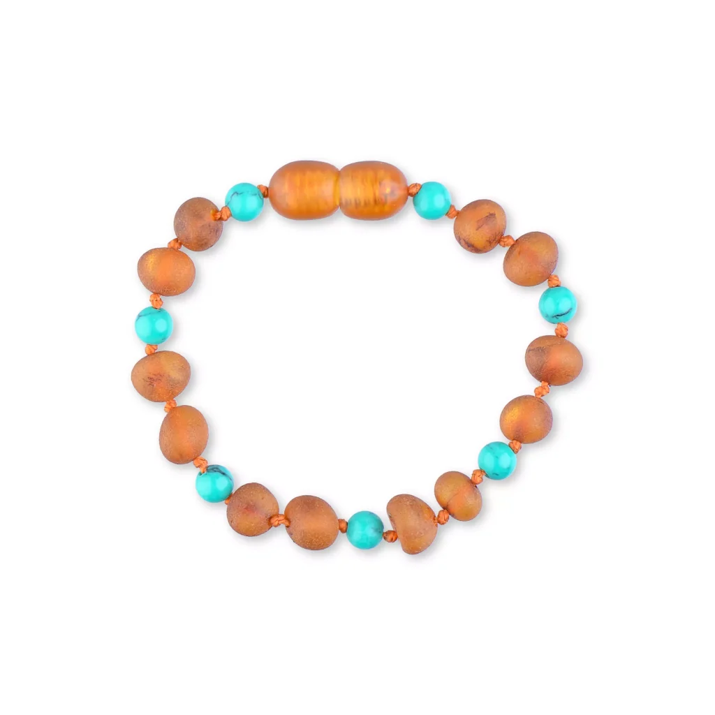 Unpolished teething amber bracelet cognac color with turquoise