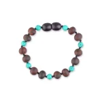 Unpolished teething amber bracelet cherry color with turquoise