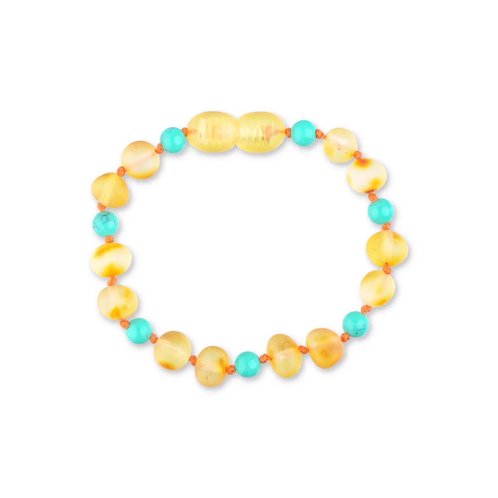 Unpolished teething amber bracelet honey color with turquoise