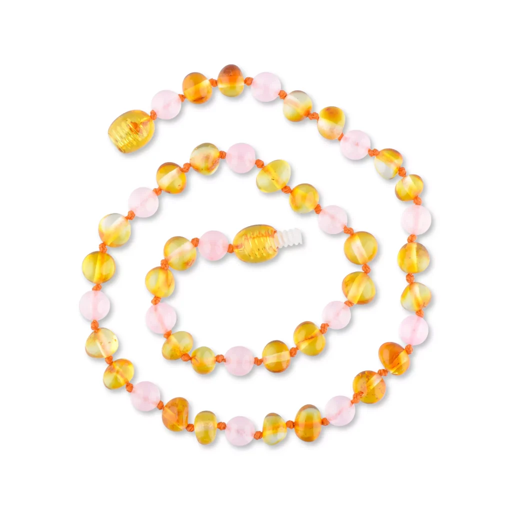 Polished teething amber necklace honey color with rose quartz