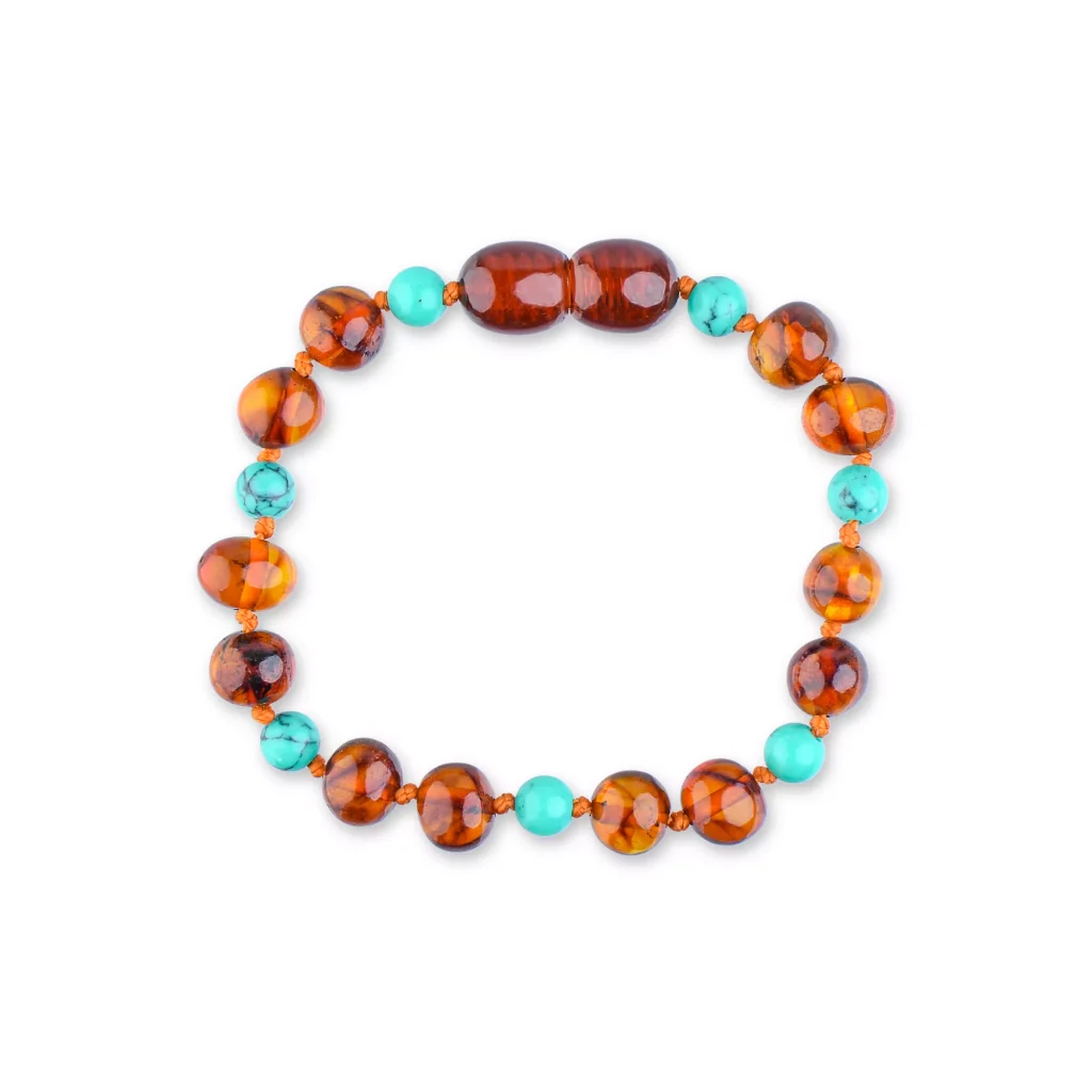 Polished teething amber bracelet cognac color with turquoise