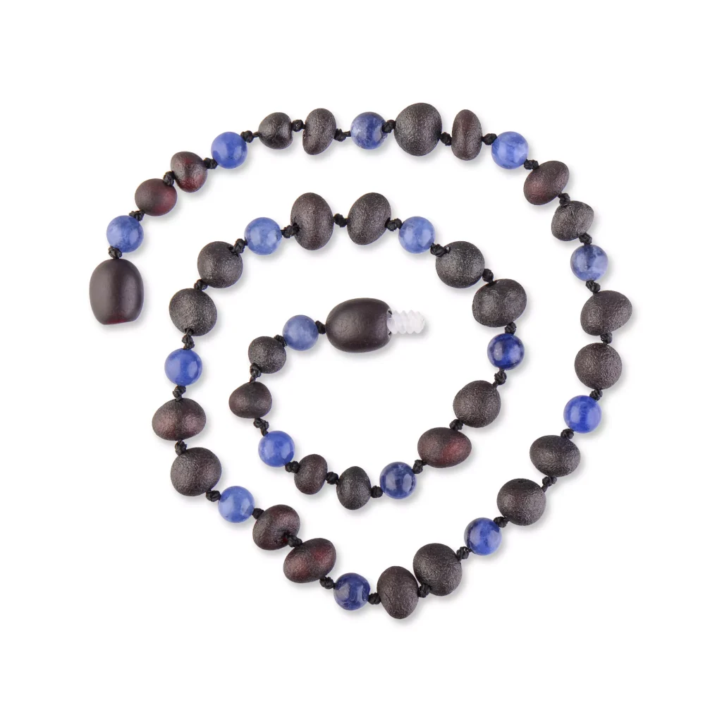 Unpolished teething amber necklace cherry color with sodalite