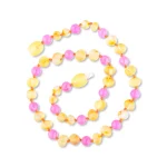 Unpolished teething amber necklace honey color with pink quartz
