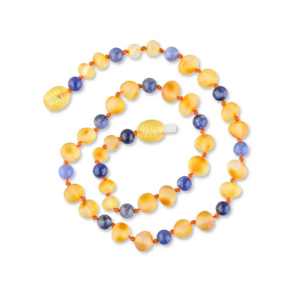 Unpolished teething amber necklace honey color with sodalite