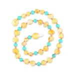 Unpolished teething amber necklace honey color with turquoise