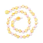 Unpolished teething amber necklace lemon color with rose quartz
