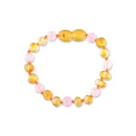 Polished teething amber bracelet honey color with rose quartz