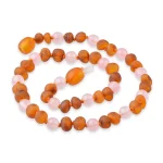 Unpolished teething amber necklace cognac color with rose quartz