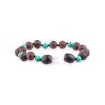 Unpolished teething amber bracelet cherry color with turquoise