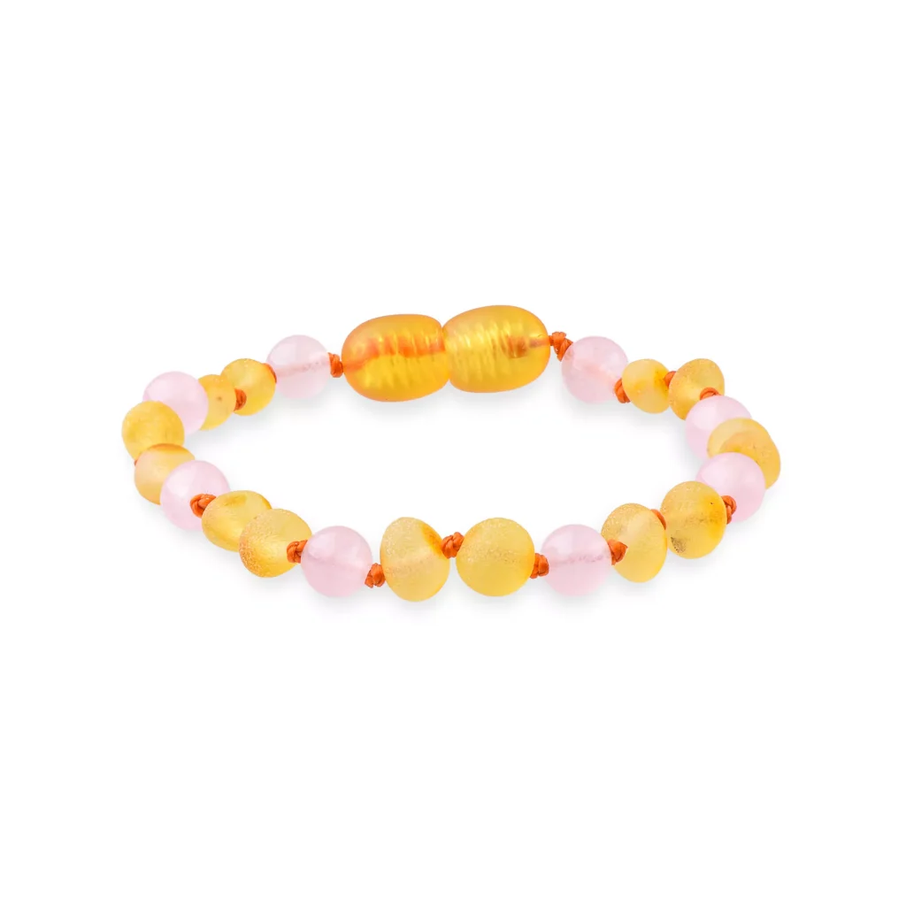 Unpolished teething amber bracelet lemon color with rose quartz